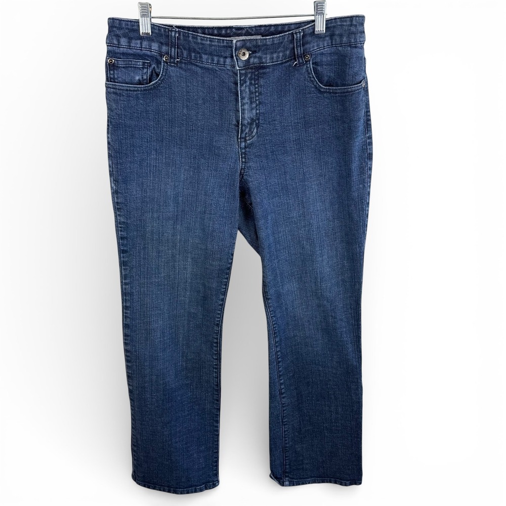 Chicos Platinum Dark Wash Straight Leg Jeans Womens Size 12 Regular Blue Stretch